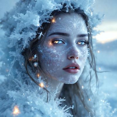 The primary subject of the image is a woman with blue eyes, wearing a white dress and surrounded by snow. She has a beautiful and captivating appearance. The setting is a snowy environment, with the woman standing in the snow and surrounded by a snowy landscape. The visual style of the image is a combination of a photo and digital art, creating a unique and eye-catching scene. The colors and mood of the image are predominantly white and cold, with the woman's blue eyes adding a touch of warm